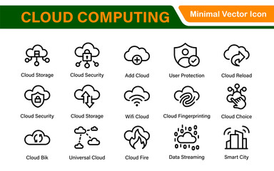Cloud Computing and Quantum Technology Icon Set – Vector, Outline, Minimal, Line, Illustration – AI, Data Science, Blockchain, Cybersecurity, Neural Network