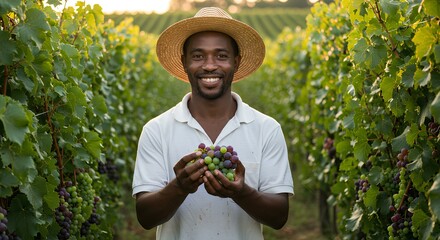 Happy Black Winegrower Inspecting Grape Harvest in Vineyard
