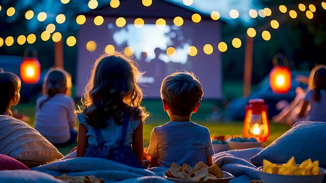 Kids watching movie at outdoor cinema under warm string lights at night
