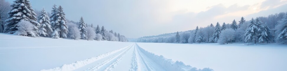 Untouched snow blanket, distant trees, cold winter landscape , nature, environment
