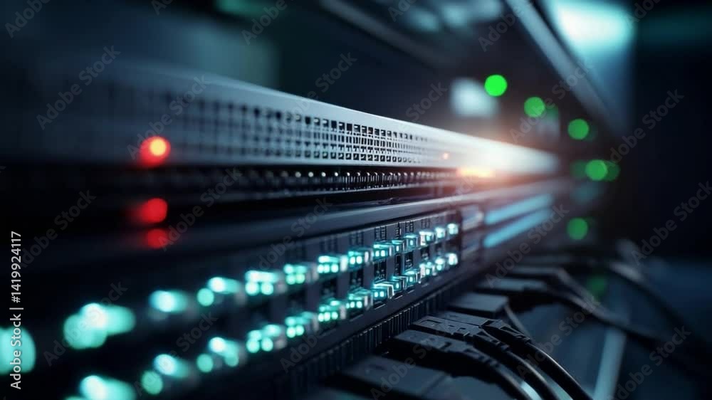 Poster Data Center: A close-up view showcases a meticulously organized data center, with rows of server racks and networking hardware illuminated by streams of light.