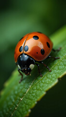 Fototapeta premium Vibrant ladybug delicately perched on lush green leaf soft sunlight. AI Generated