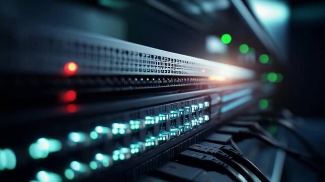 Data Center: A close-up view showcases a meticulously organized data center, with rows of server racks and networking hardware illuminated by streams of light.