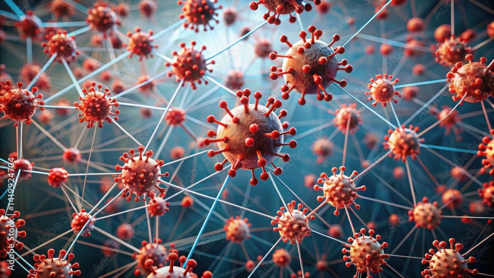 Poster network of virus nodes spreading in a red-tinged digital landscape