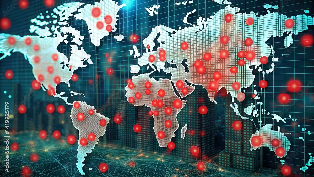 Poster global city map with red dots indicating locations in gigapixel quality