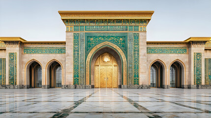 Fototapeta premium Grand Islamic Architecture Facade With Gold And Teal Tiles