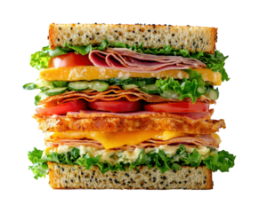 Delicious layered sandwich creation kitchen food bright isolated on transparent background