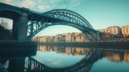 A large arched metal bridge stands over a reflecting river
