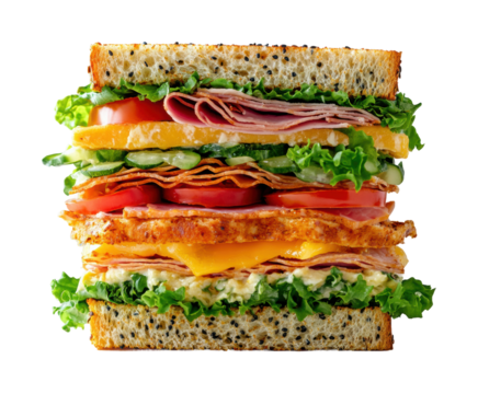 Delicious layered sandwich creation kitchen food bright isolated on transparent background