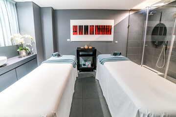 Luxury Spa Setting with Relaxing Massage Tables and Modern Design
