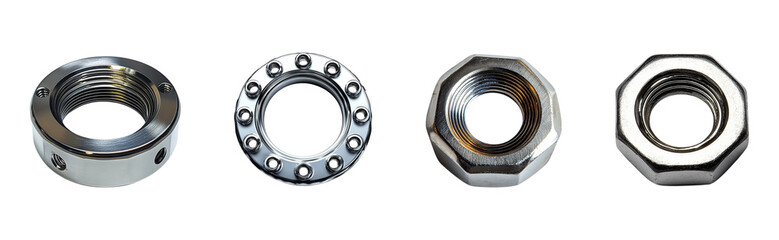 Various types of metal nuts for fastening.