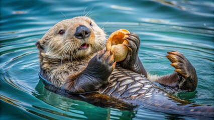 A playful sea otter floats serenely on the water's surface, delicately handling a piece of fruit with its paws, a charming display of aquatic grace and natural dexterity.