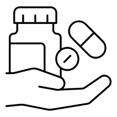 Capsule jar on hand thin line icon, medical supplies concept. Vector graphics. Medicine pill drug sign on white background, linear style for mobile or design.