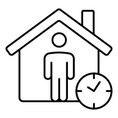House with remote man thin line icon, stay at home concept. Vector graphics. Man in house with clock sign on white background, linear style for mobile or design.