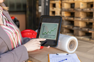 A businesswoman analyzes growth data on a tablet, emphasizing the integration of technology in modern supply chain management.