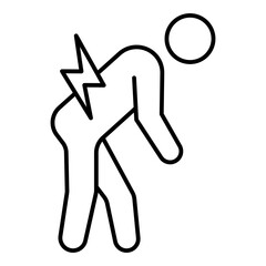 Human with pain thin line icon, stiffness when walking concept. Vector graphics. Man bent and lightning sign on white background, linear style for mobile or design.