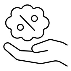 Discount bubble on hand thin line icon, shopping prize concept. Vector graphics. Money price savings sign on white background, linear style for mobile or design.