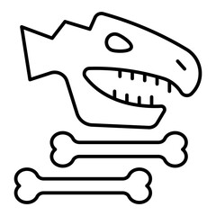 Dinosaur skull and bones thin line icon, dinosaur ancient history concept. Vector graphics. Skeleton head with bone sign on white background, linear style for mobile or design.