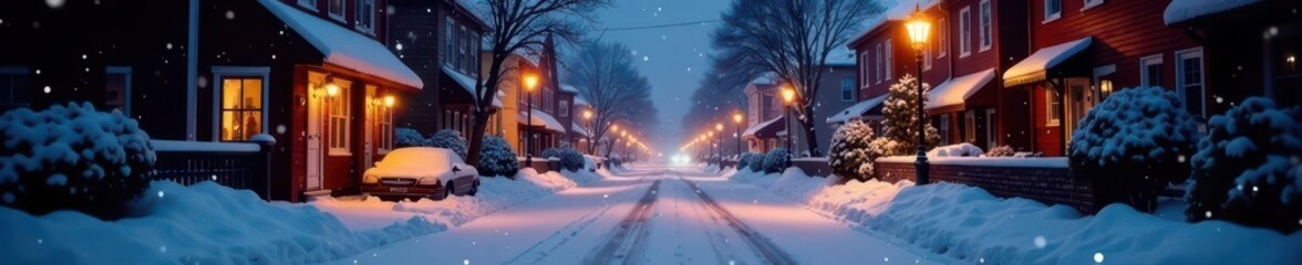 Snow-covered street, twinkling lights, soft snowfall , beauty, lights, magic