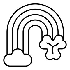 Rainbow between cloud and clover thin line icon, saint Patrick day concept. Vector graphics. Leaf, rainbow, cloud sign on white background, linear style for mobile or design.