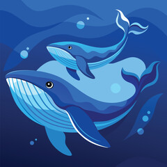 A blue whale and a humpback whale swim side-by-side in the deep blue sea.