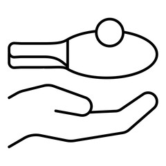 Hand palm with racket and ball thin line icon, table tennis game concept. Vector graphics. Hand and accessory sign on white background, linear style for mobile or design.
