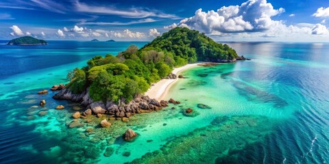 Fototapeta premium A Secluded Tropical Island Paradise with Pristine White Sand Beach and Vibrant Turquoise Waters