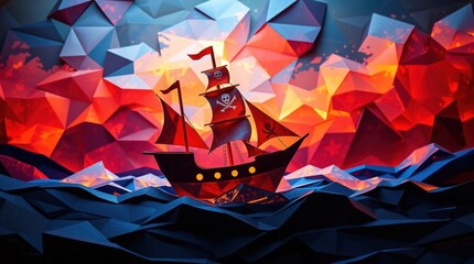 Pirate ship on a fiery, geometric sea