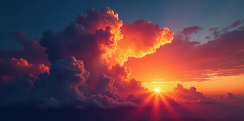 Naklejka premium Fiery sunset behind massive cumulonimbus clouds, texture, background, cool