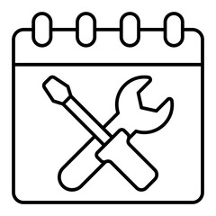 Calendar page with repair date thin line icon, master service labor concept. Vector graphics. Screwdriver and wrench page, repair sign on white background, linear style for mobile or design.