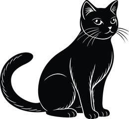 cute sitting solid black silhouette vector icon, coloring page lineart vector, black cat vector, black cat vector illustration, black and white cat on white background.