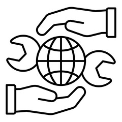 Hands protect world globe with wrench thin line icon, world labor day concept. Vector graphics. Hard work, labor sign on white background, linear style for mobile or design.