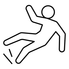 Man slips warning thin line icon, labor protection, worker safety concept. Vector graphics. Human with wet floor, slippery sign on white background, linear style for mobile or design.