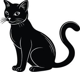 cute sitting solid black silhouette vector icon, coloring page lineart vector, black cat vector, black cat vector illustration, black and white cat on white background.