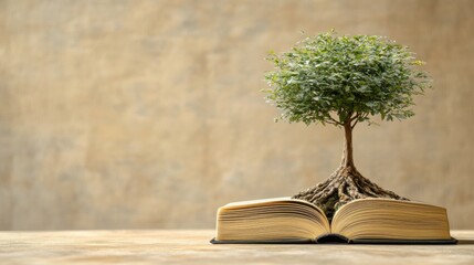 A Small Green Tree Growing from an Open Book on a Wooden Surface with a Neutral Background Symbolizing Knowledge and Nature Connection in Education
