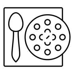 Soup plate with spoon at table thin line icon, eat what you want concept. Vector graphics. Food dish sign on white background, linear style for mobile or design.