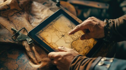 Obraz premium A pirate captain using a touchscreen tablet to plot out a lost treasure map.