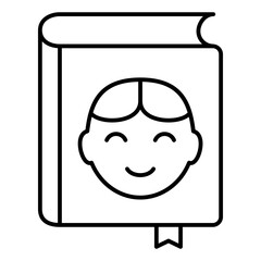 Book with boy face thin line icon, children book holiday concept. Vector graphics. Kid, child head at textbook sign on white background, linear style for mobile or design.