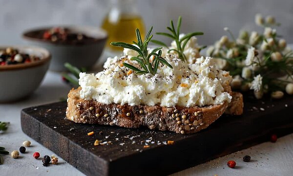 Freshly made sandwich with cottage cheese, herbs, and spices on a wooden board, offering a delicious, healthy meal
