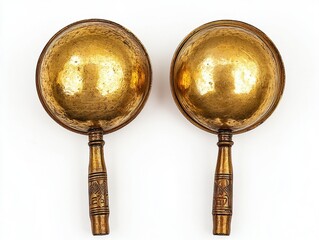 Pair of antique brass spoons with ornate handles, displayed against a white background.