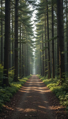 Fototapeta premium Serene forest path gently illuminated by soft morning light. AI Generated