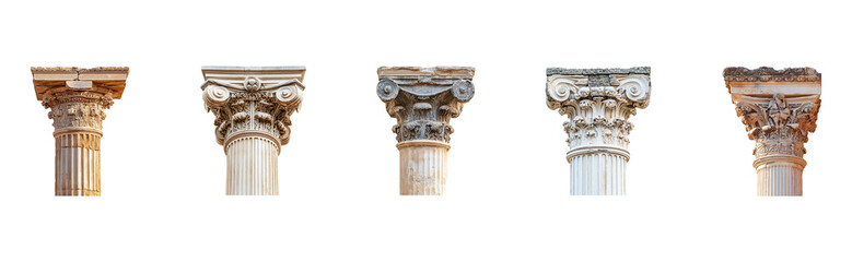 Obraz premium Classical column capitals and shafts in various architectural styles.