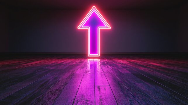 A radiant purple arrow directing the viewer's gaze upwards is situated on a sleek, dark reflective surface within a studio environment