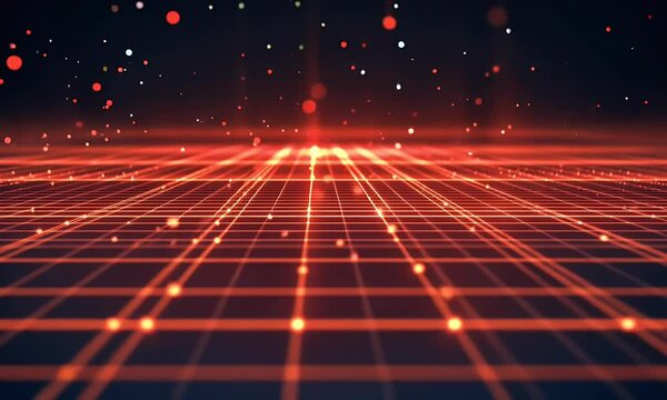 Red grid background with laser beams and glow effects, creating an immersive sci-fi atmosphere for video games or digital visuals. The red light rays add depth to the scene, enhancing the visual impac