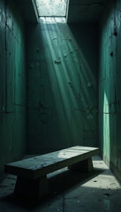 Hopeful Light Beams Illuminate Gloomy Concrete Room Bench. AI Generated