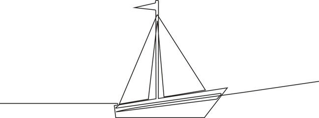 Continuous one line drawing of sailboat or yacht icon, one line drawing outline vector art illustration