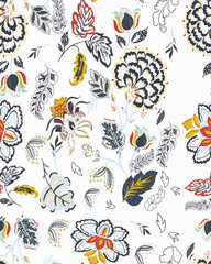 Seamless flower pattern. Textile print and hand flower pattern design  on the dark blue background. Seamless pattern design for textile. For textile and fashion. Hand flower pattern design. 