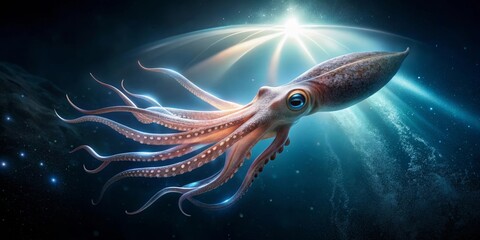A Majestic Giant Squid Illuminated by an Underwater Sunbeam, Gracefully Gliding Through the Deep Ocean's Mysterious Depths