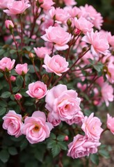 Fototapeta premium Delicate pink rose bush, single long-stemmed blooms, soft pink, rose photography, elegant