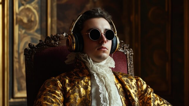 A Renaissance court musician wearing wireless headphones, completely immersed in electronic beats.